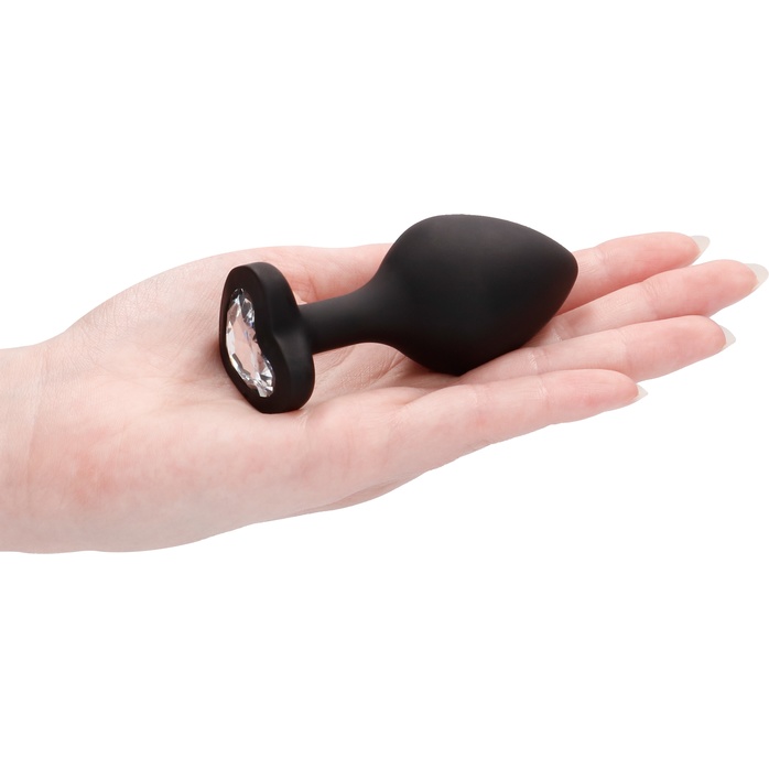 Черная анальная пробка с прозрачным стразом Large Ribbed Diamond Heart Plug - 8 см - Ouch!. Фотография 4.