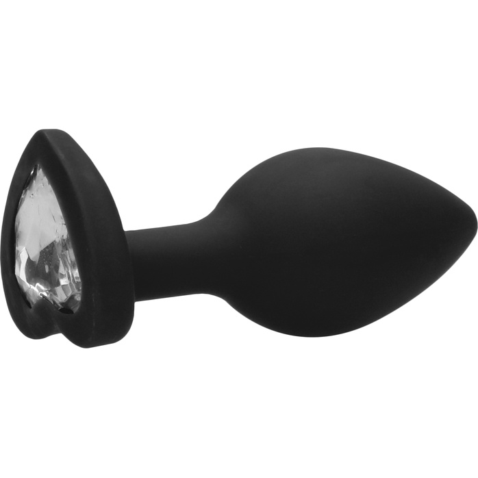 Черная анальная пробка с прозрачным стразом Large Ribbed Diamond Heart Plug - 8 см - Ouch!. Фотография 7.