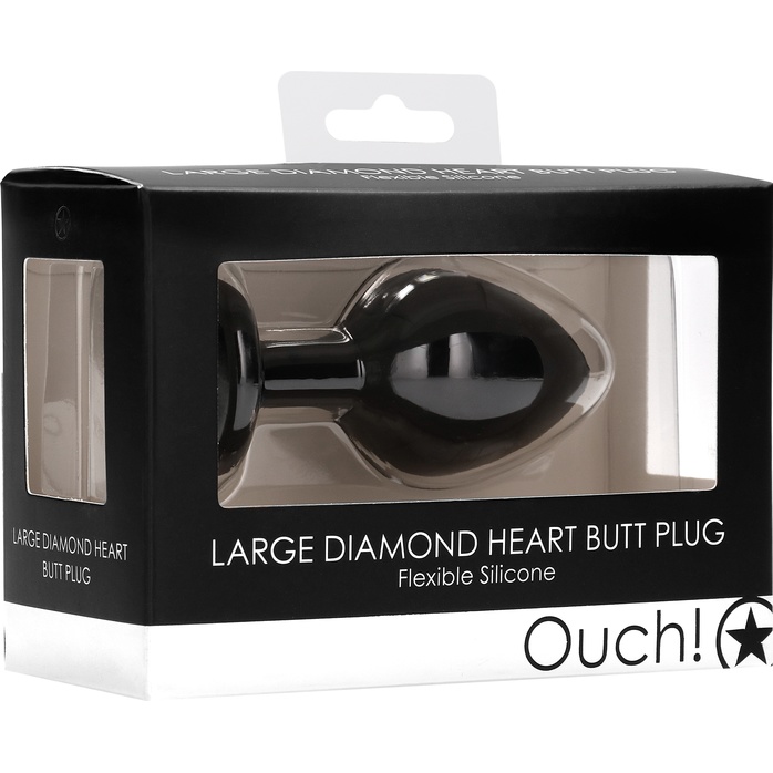 Черная анальная пробка с прозрачным стразом Large Ribbed Diamond Heart Plug - 8 см - Ouch!. Фотография 8.