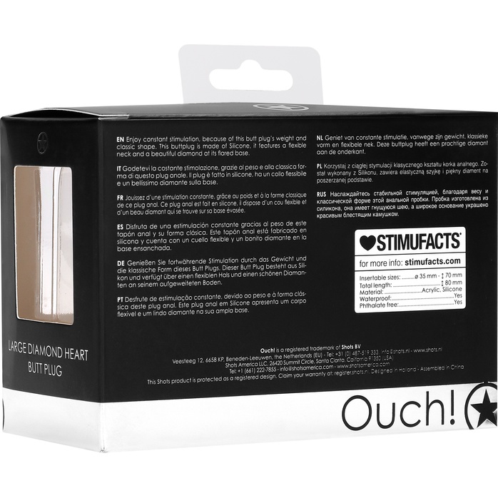 Черная анальная пробка с прозрачным стразом Large Ribbed Diamond Heart Plug - 8 см - Ouch!. Фотография 9.