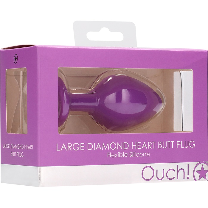 Фиолетовая анальная пробка с прозрачным стразом Large Ribbed Diamond Heart Plug - 8 см - Ouch!. Фотография 8.