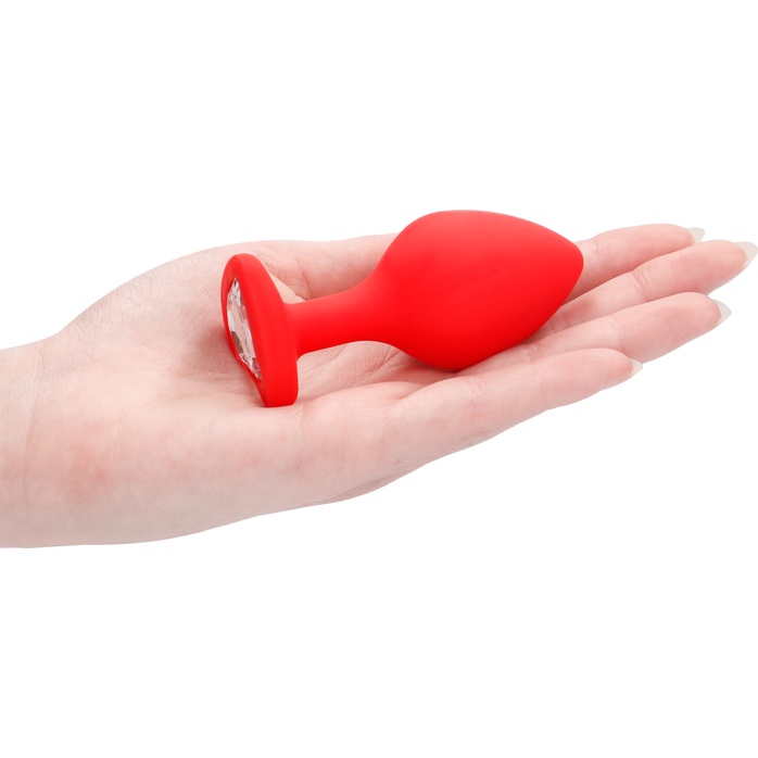 Красная анальная пробка с прозрачным стразом Large Ribbed Diamond Heart Plug - 8 см - Ouch!. Фотография 2.