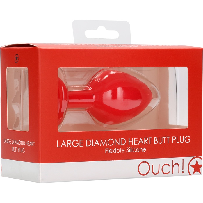 Красная анальная пробка с прозрачным стразом Large Ribbed Diamond Heart Plug - 8 см - Ouch!. Фотография 7.