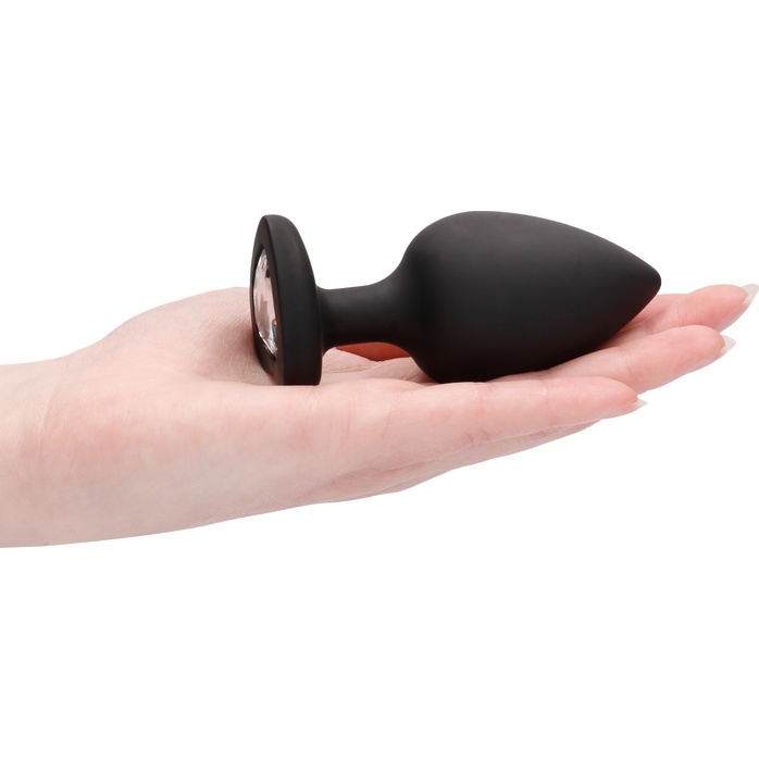 Черная анальная пробка с прозрачным стразом Extra Large Diamond Heart Butt Plug - 9,5 см - Ouch!. Фотография 2.