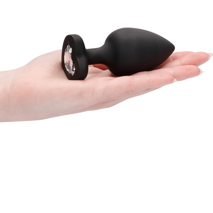 Черная анальная пробка с прозрачным стразом Extra Large Diamond Heart Butt Plug - 9,5 см - Ouch!. Фотография 4.