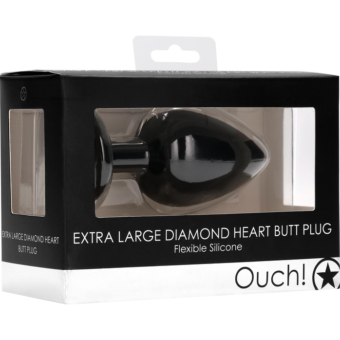 Черная анальная пробка с прозрачным стразом Extra Large Diamond Heart Butt Plug - 9,5 см - Ouch!. Фотография 8.
