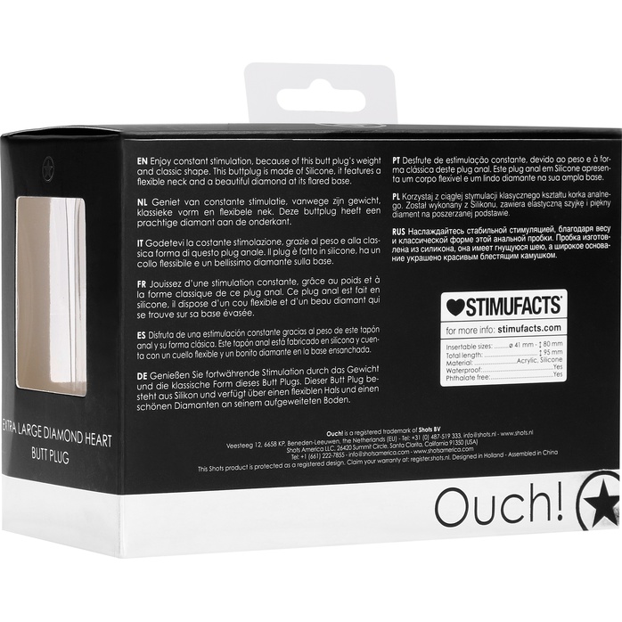 Черная анальная пробка с прозрачным стразом Extra Large Diamond Heart Butt Plug - 9,5 см - Ouch!. Фотография 9.