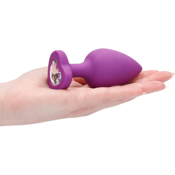 Фиолетовая анальная пробка с прозрачным стразом Extra Large Diamond Heart Butt Plug - 9,5 см - Ouch!. Фотография 4.