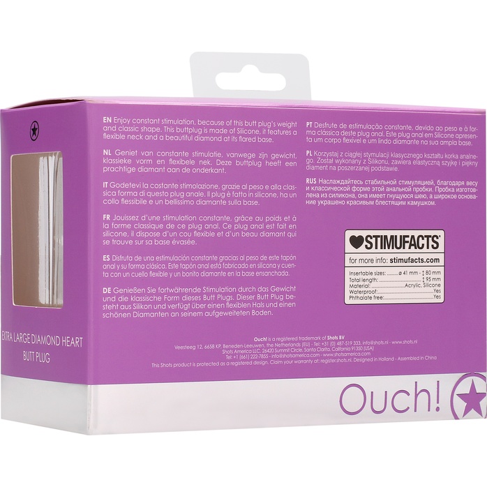 Фиолетовая анальная пробка с прозрачным стразом Extra Large Diamond Heart Butt Plug - 9,5 см - Ouch!. Фотография 9.