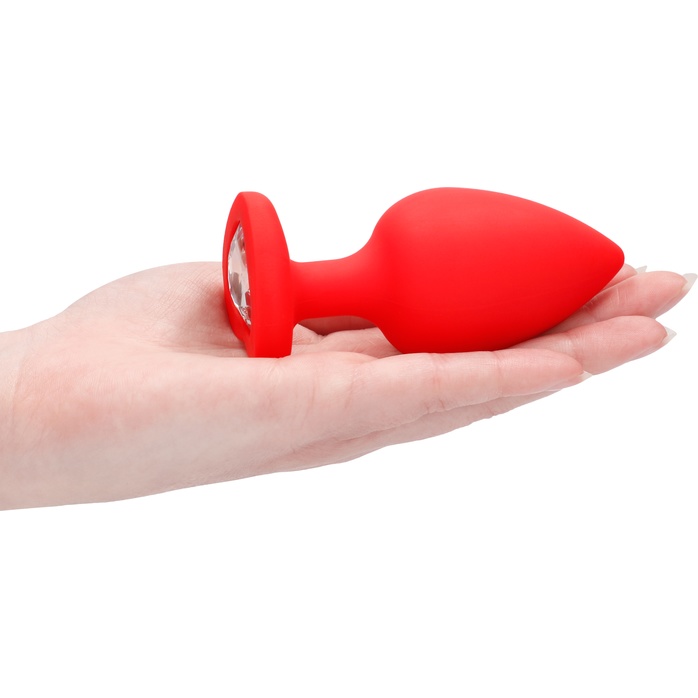 Красная анальная пробка с прозрачным стразом Extra Large Diamond Heart Butt Plug - 9,5 см - Ouch!. Фотография 2.