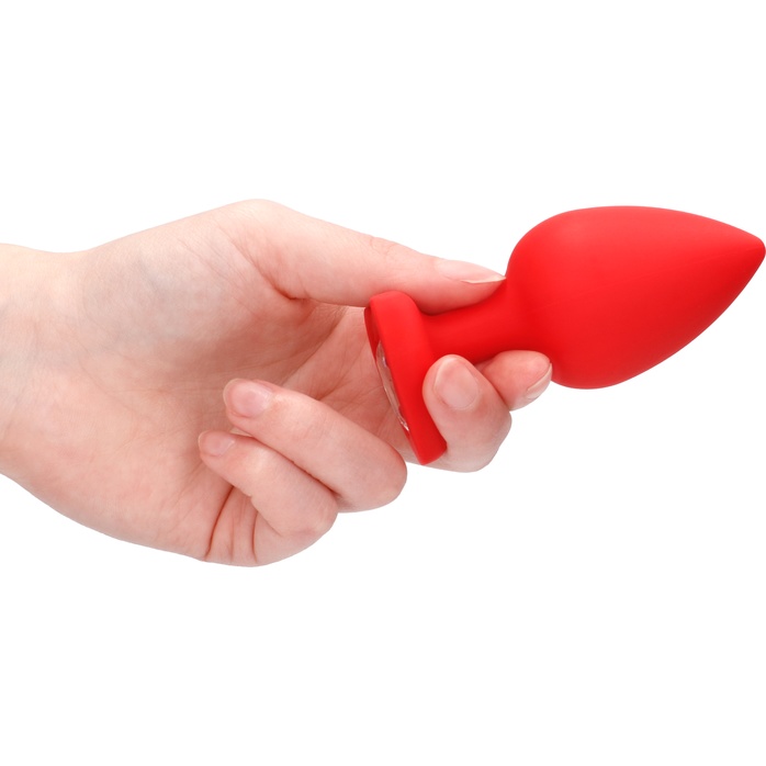 Красная анальная пробка с прозрачным стразом Extra Large Diamond Heart Butt Plug - 9,5 см - Ouch!. Фотография 3.