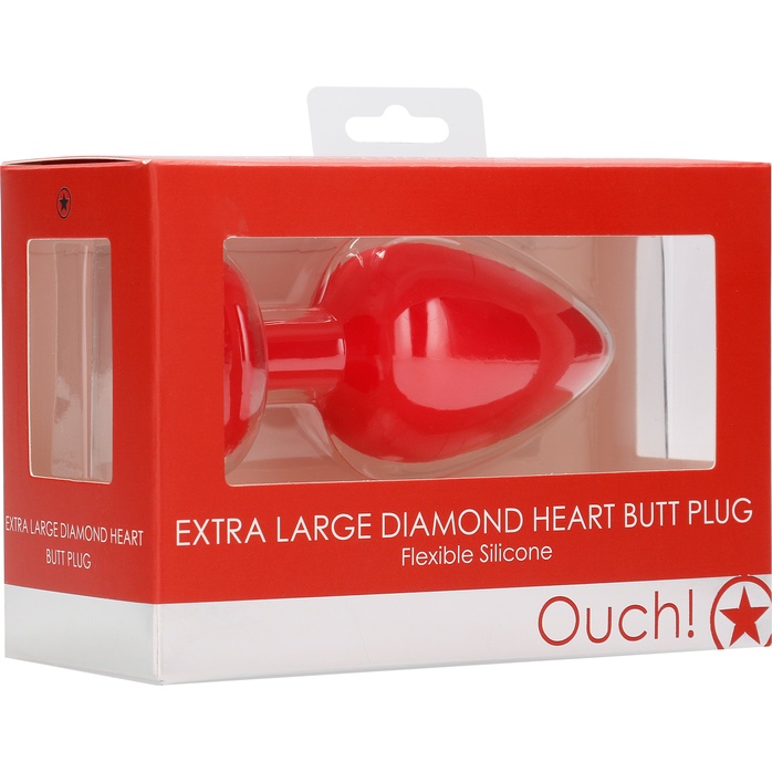 Красная анальная пробка с прозрачным стразом Extra Large Diamond Heart Butt Plug - 9,5 см - Ouch!. Фотография 8.