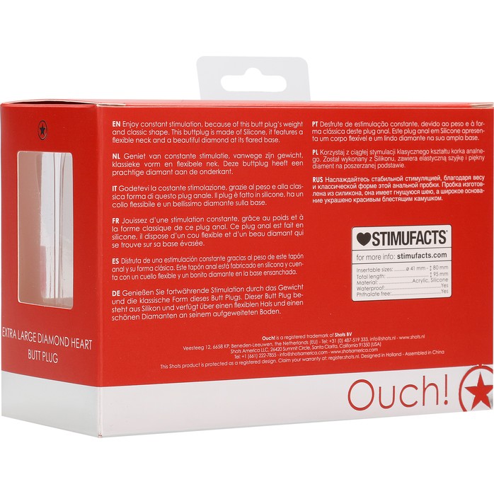 Красная анальная пробка с прозрачным стразом Extra Large Diamond Heart Butt Plug - 9,5 см - Ouch!. Фотография 9.