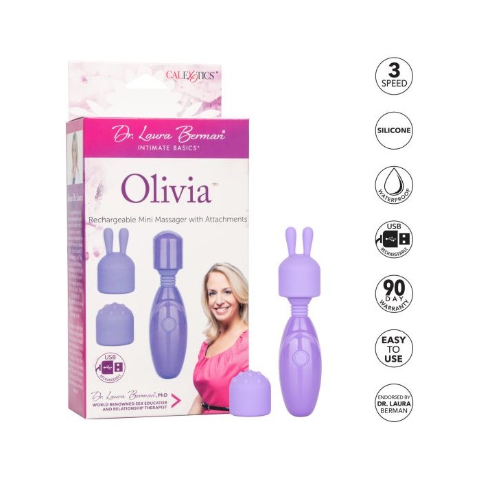 Фиолетовый мини-массажер Rechargeable Mini Massager with Attachments - Dr. Laura Berman Collection. Фотография 4.