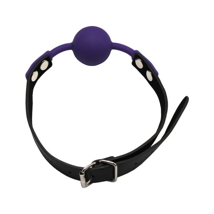 Фиолетовый силиконовый кляп-шарик на ремешках. Фотография 2.