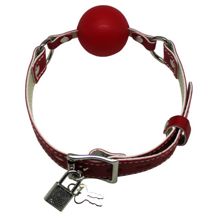 Красный силиконовый кляп-шарик с фиксацией и замочком. Фотография 4.