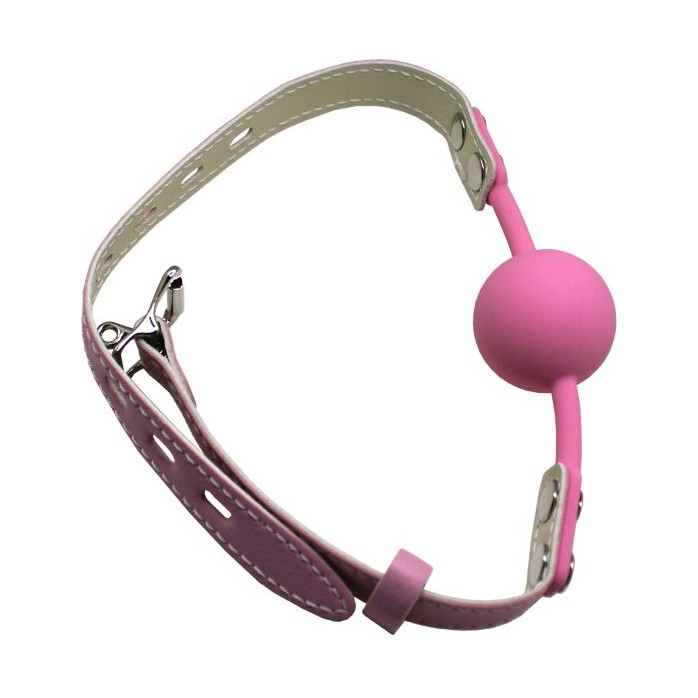 Розовый силиконовый кляп-шарик с фиксацией и замочком. Фотография 4.