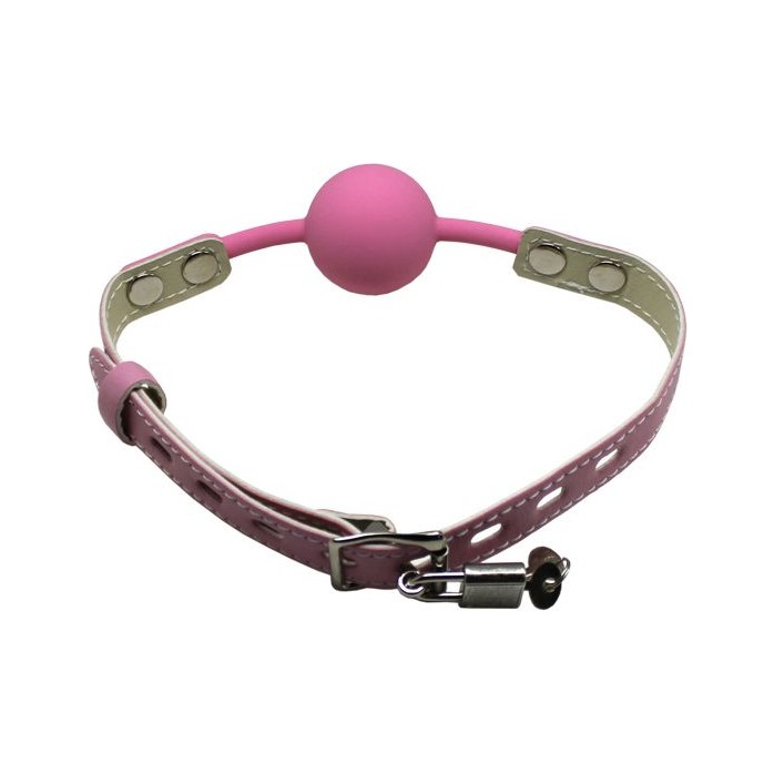Розовый силиконовый кляп-шарик с фиксацией и замочком. Фотография 5.