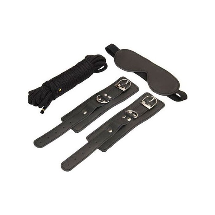 БДСМ-набор в черном цвете: закрытая маска, наручники, веревка для связывания
