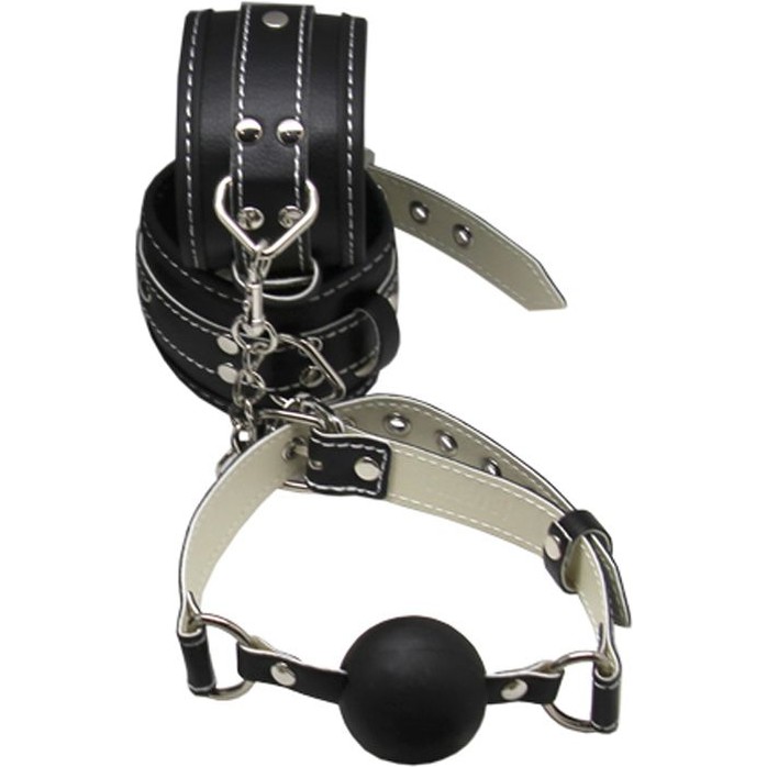 Пикантный БДСМ-набор на мягкой подкладке: наручники, поножи, ошейник с поводком, кляп. Фотография 5.