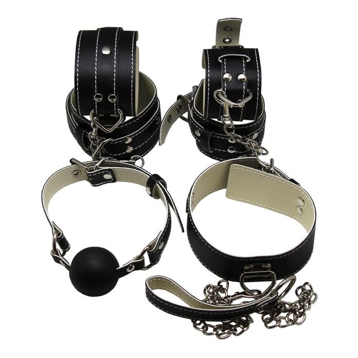 БДСМ-набор в черном цвете: наручники, поножи, ошейник с поводком, кляп