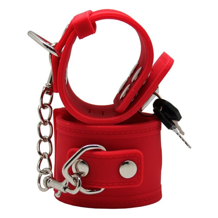 Красные силиконовые наручники с фиксацией и ключиком. Фотография 2.