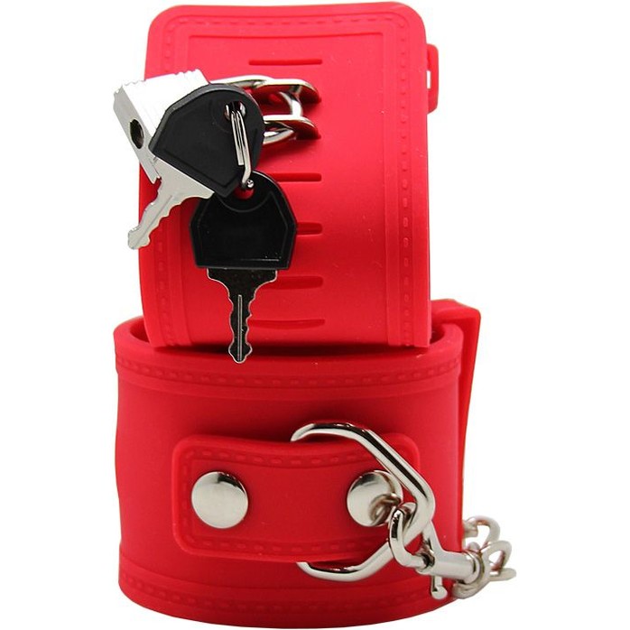 Красные силиконовые наручники с фиксацией и ключиком. Фотография 4.