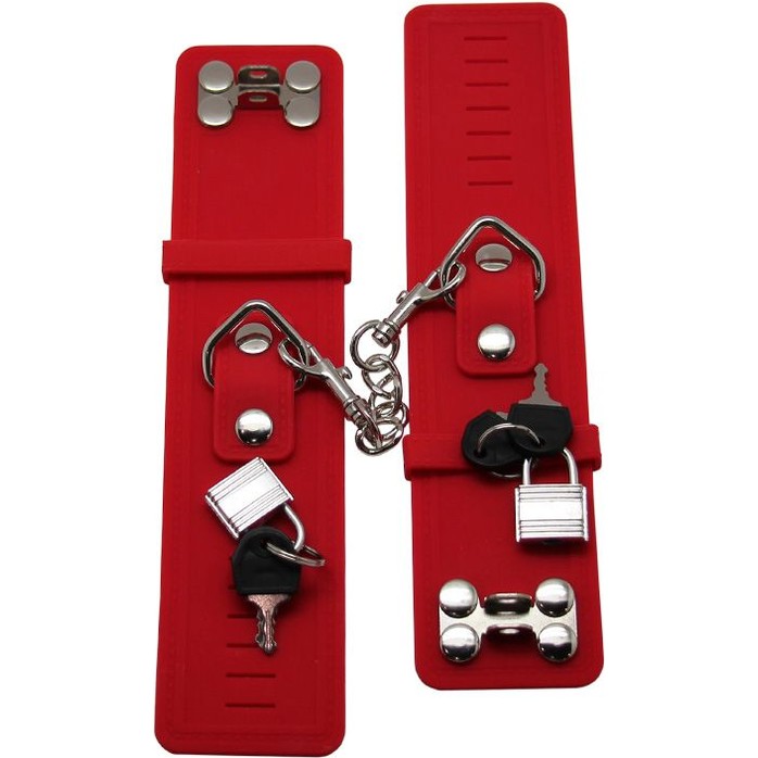 Красные силиконовые наручники с фиксацией и ключиком. Фотография 5.