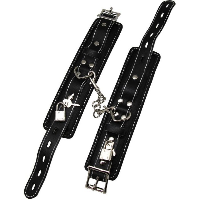 Черные регулируемые наручники с подкладом на карабинах. Фотография 5.