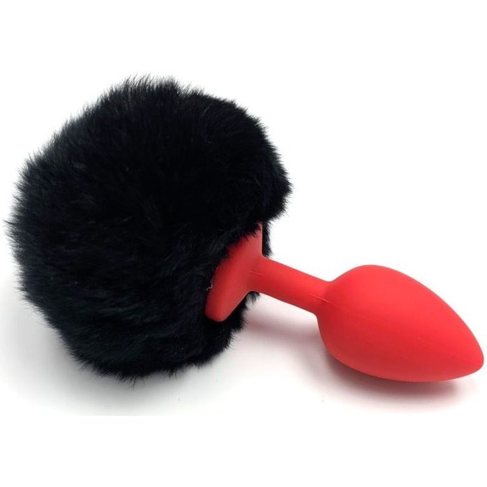 Красная анальная пробка с пушистым черным хвостиком зайки