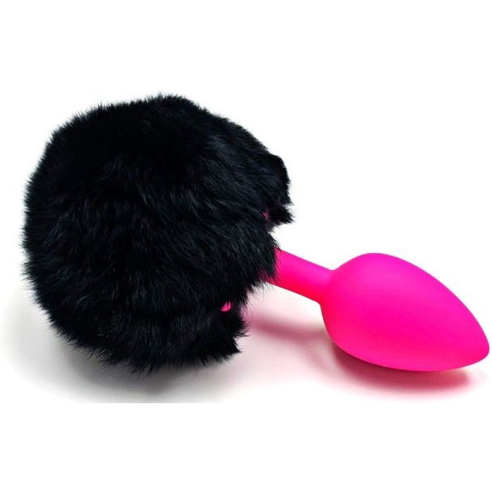 Розовая анальная пробка с пушистым черным хвостиком зайки