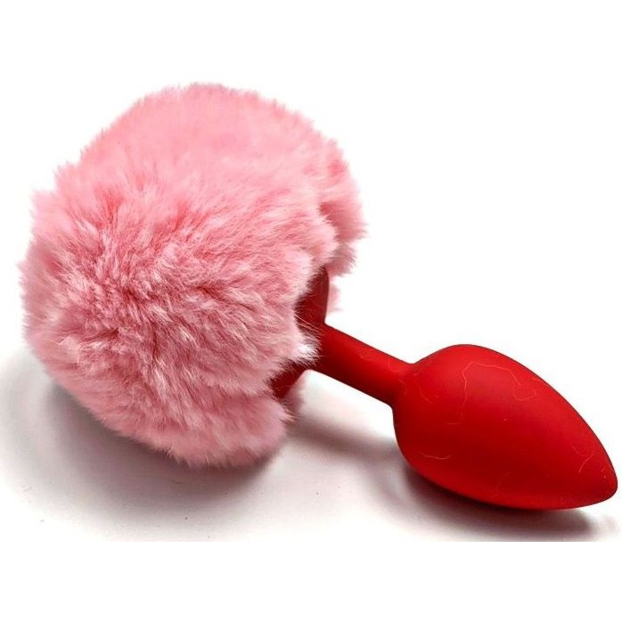 Красная анальная пробка с пушистым нежно-розовым хвостиком зайки
