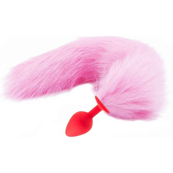 Красная анальная пробка с пушистым розовым хвостиком