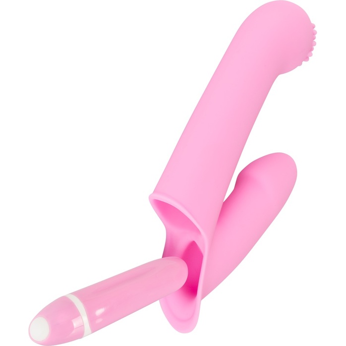 Нежно-розовая двойная вибронасадка на палец Vibrating Finger Extension - 17 см - You2Toys