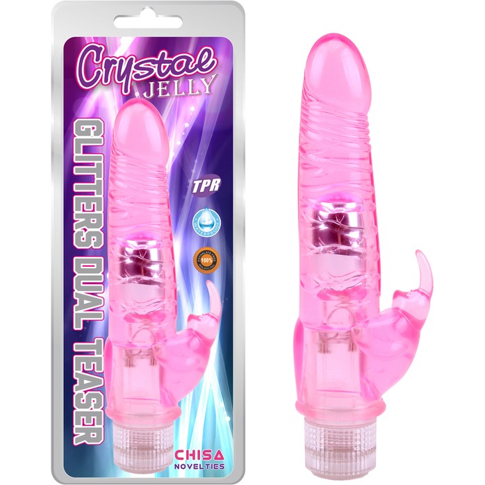 Розовый вибратор Glitters Dual Teaser - 23 см - Crystal Jelly. Фотография 2.