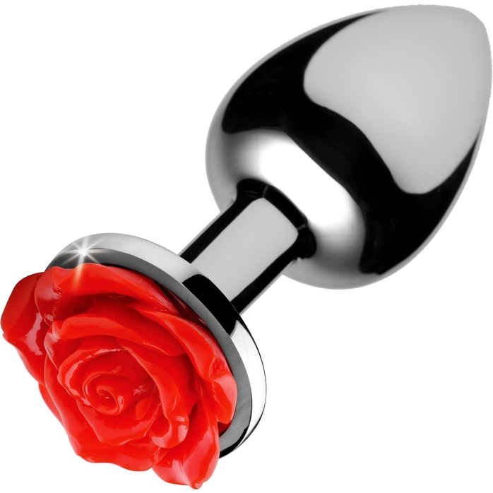 Серебристая анальная пробка с розой Red Rose Butt Plug - 8 см - Booty Sparks