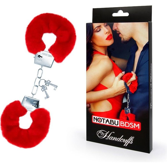 Красные меховые наручники на сцепке с ключиками - NOTABU. Фотография 2.