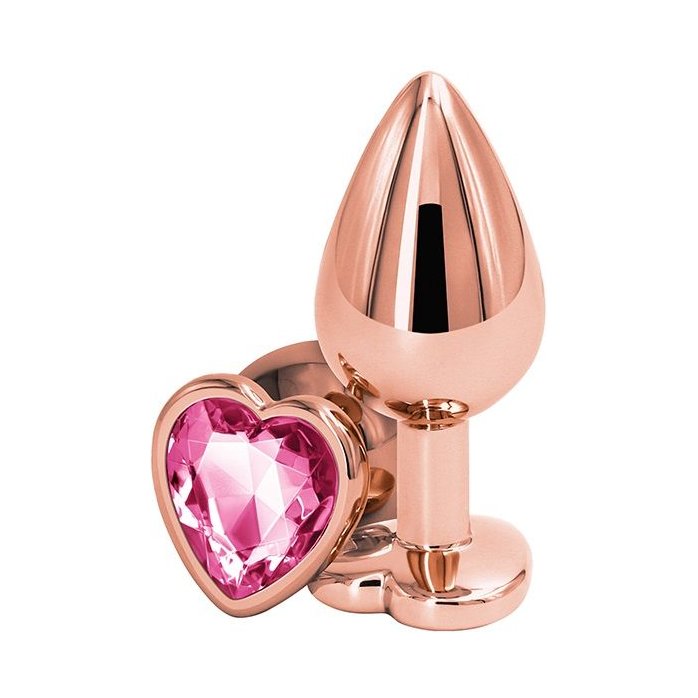 Золотистая анальная втулка с розовым кристаллом в виде сердечка - 7 см