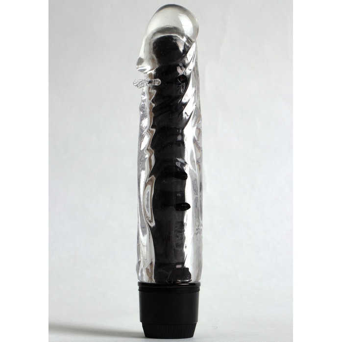 Прозрачно-черный вибратор с дополнительными пупырышками - 17 см