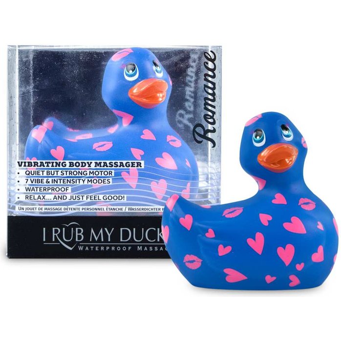 Синий вибратор-уточка I Rub My Duckie 2.0 Romance с розовым принтом. Фотография 2.