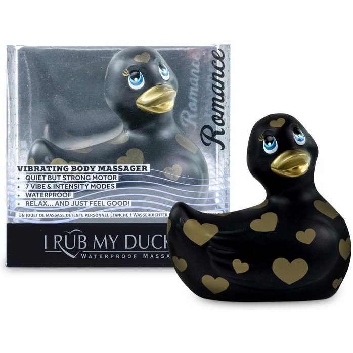 Черный вибратор-уточка I Rub My Duckie 2.0 Romance с золотистым принтом. Фотография 2.