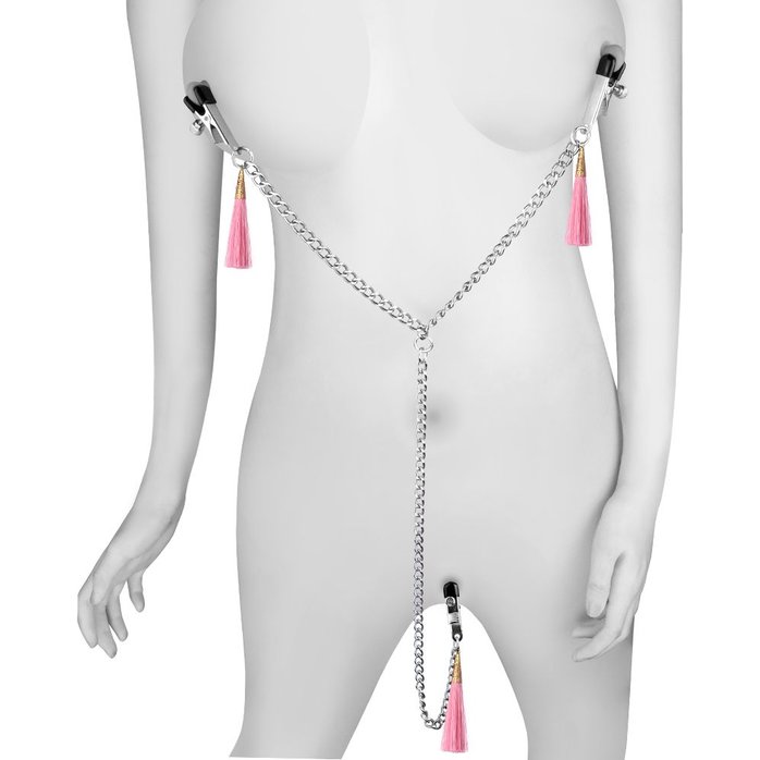 Зажимы на соски и половые губы с розовыми кисточками Nipple Clit Tassel Clamp With Chain. Фотография 5.
