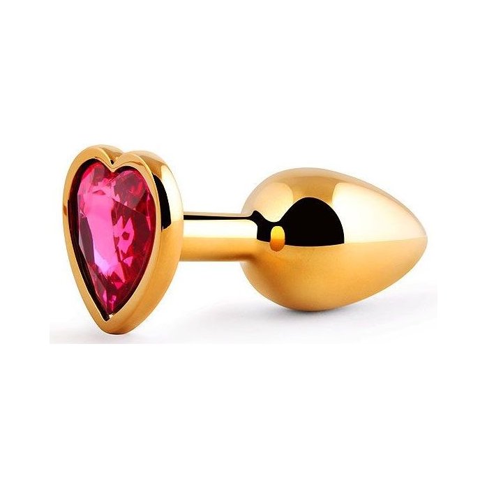 Золотистая анальная пробка с малиновым кристаллом-сердечком - 7 см