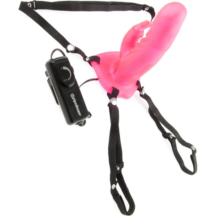 Розовый мужской полый страпон с вибрацией и клиторальным стимулятором - Fetish Fantasy Series. Фотография 3.