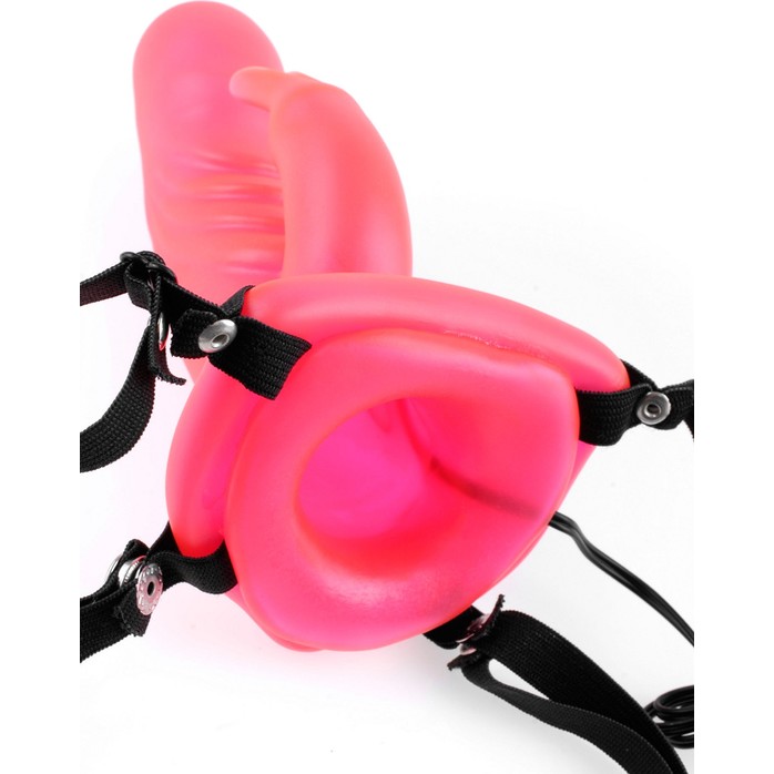 Розовый мужской полый страпон с вибрацией и клиторальным стимулятором - Fetish Fantasy Series. Фотография 5.