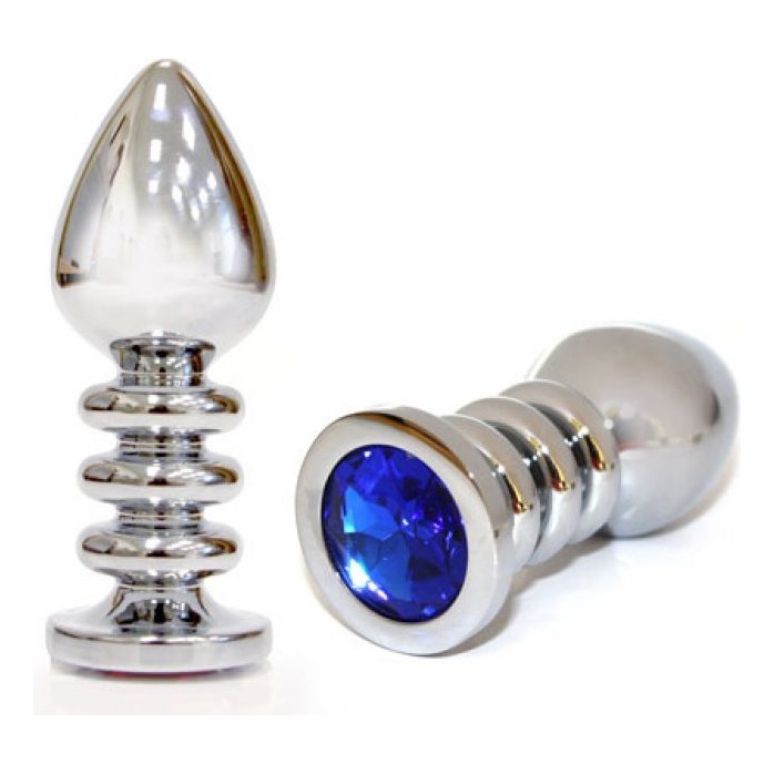 Большая серебристая анальная пробка с синим кристаллом - 10 см. Фотография 2.