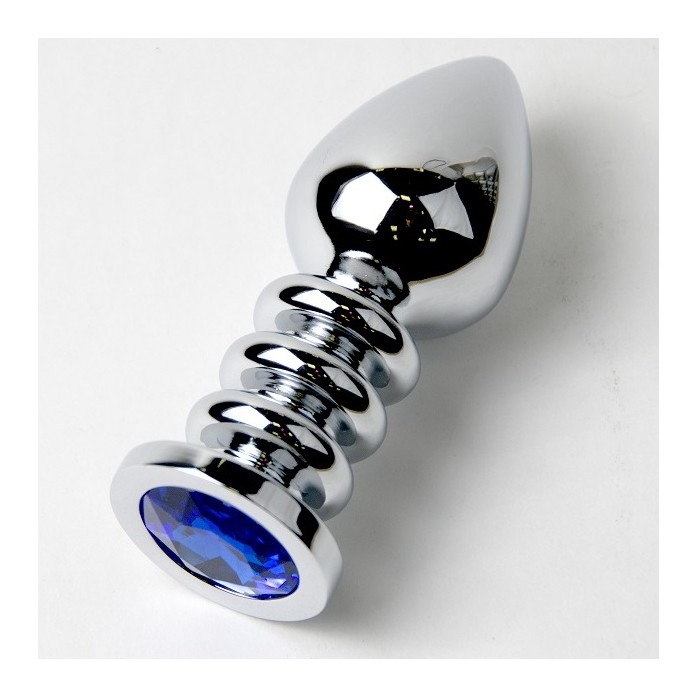 Большая серебристая анальная пробка с синим кристаллом - 10 см