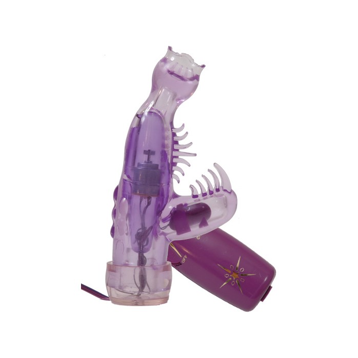 Фиолетовый мини-вибратор со стимулятором клитора - 13 см
