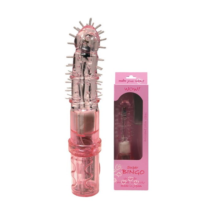 Розовый вибратор-ротатор с шипами - 16 см