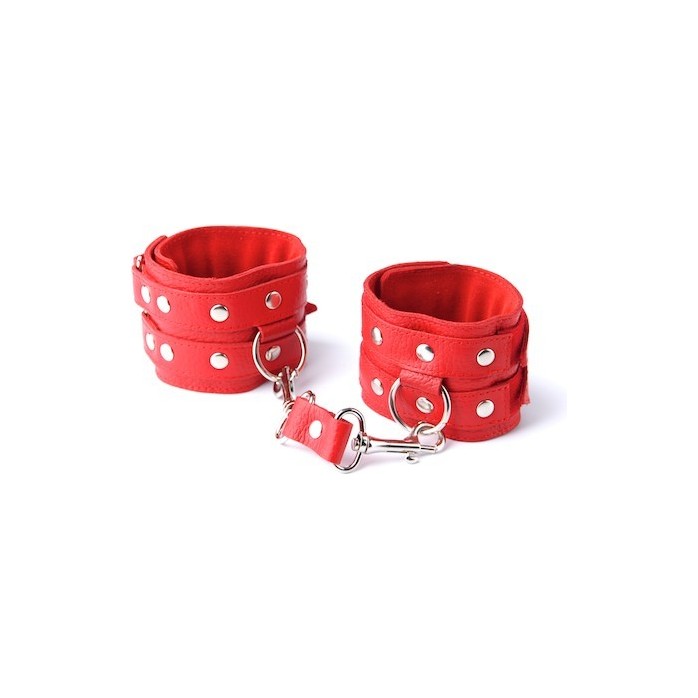 Красные кожаные наручники с велюровой подкладкой - BDSM accessories